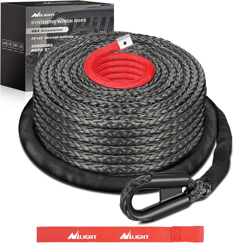 Synthetic Winch Rope, 3/8 Inch x 82 FT 25000 Ibs Winch Line Replacement for ATV UTV 4WD Off-Road Vehicle Jeep SUV Truck Winch Cable Accessory with Red Jacket Rope and Protective Sleeve, Black