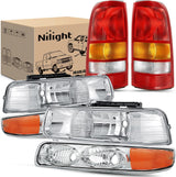 Headlight and Taillight Assembly Combo Compatible with 1999 2000 2001 2002 Chevy Silverado Fleetside only OE Style Chrome Housing Amber Reflector with Red Housing Tail Lights