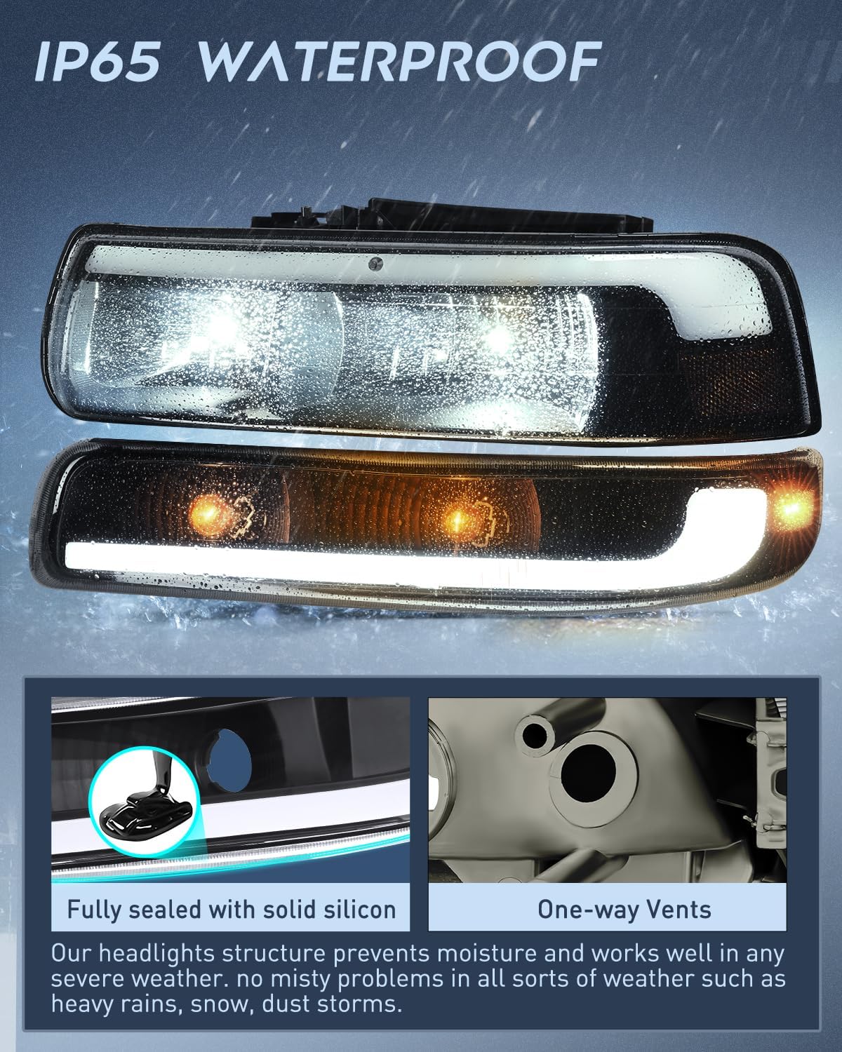 LED DRL Headlight Assembly for 1999 2000 2001 2002 Chevy Silverado 1500 1500HD 2500 2500HD 3500 Chevrolet Tahoe Suburban Replacement Headlamp Smoked Lens Black Housing Amber Bumper Lights Set