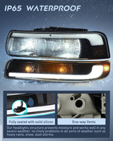 LED DRL Headlight Assembly for 1999 2000 2001 2002 Chevy Silverado 1500 1500HD 2500 2500HD 3500 Chevrolet Tahoe Suburban Replacement Headlamp Smoked Lens Black Housing Amber Bumper Lights Set