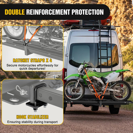 Motorcycle Hitch Carrier 600LBS, Heavy Duty Dirt Bike Hitch Hauler with 55.11 Inch Longer Ramp, Pin, Tie-Down Strap and Tightener, 2 Inch Receiver, 5 Inch Wide Tire