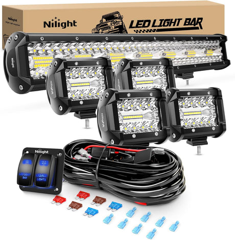 20Inch 420W Triple Row Spot Flood Combo Led Light Bar Work Driving Lamp 4Pcs 4Inch 60W Cube LED Pods Lights with Wiring Harness Kit for Trucks Jeeps ATVs UTVs Motorcycles Ships Yachts-5 Leads