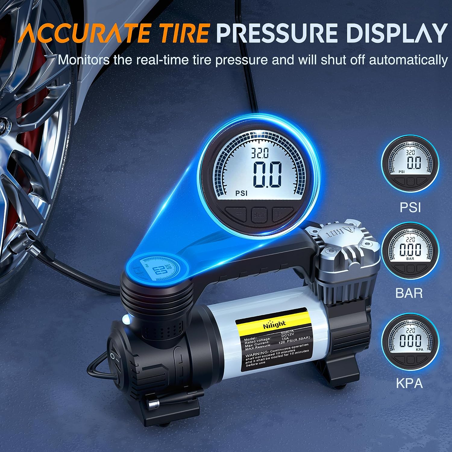 Tire Inflator Fast Air Compressor Double Cylinder Digital 120PSI Nilight