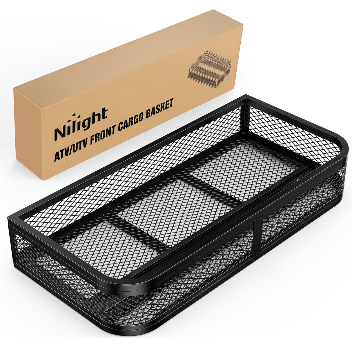 ATV Front Cargo Basket, 17 Inch W x 36 Inch L x 6.3 Inch H Racks and Baskets with Steel Mesh Frame, Heavy Duty ATV Storage Cargo Box Attachments for Luggage Carrier
