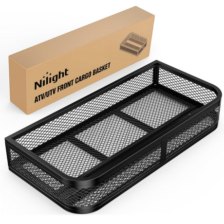 ATV Front Cargo Basket, 17 Inch W x 36 Inch L x 6.3 Inch H Racks and Baskets with Steel Mesh Frame, Heavy Duty ATV Storage Cargo Box Attachments for Luggage Carrier