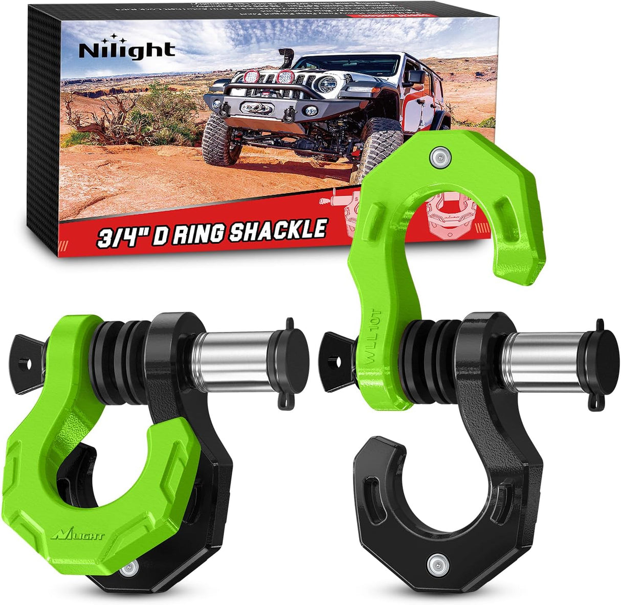 2 Pack 3/4 Inch D-Ring Separate Shackle 45,000 Lbs Break Strength | Includes 7/8 Inch Lock Pin, Isolators and Washers Off Road Recovery, for Tow Strap Winch Truck Vehicle Black&Green