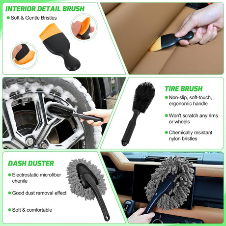 Automotive Tools 37PCS Car Detailing Kit Auto Cleaning Tools Wash Set with Storage Carry Bag Home Use for Interior Exterior Deep Clean Car Care Windshield Dashboard Seat Air Vents Wheels Tires, Green