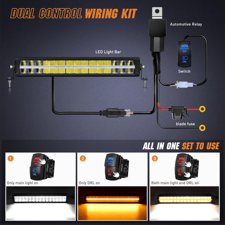 LED Light Bar with Amber DRL 19 Inch 150W Offroad Light Anti-Glare Flood Spot Combo LED Driving Light IP68 w/ 14 AWG DT Connector Wiring Harness for Pickup Truck SUV ATV UTV Boat 4x4