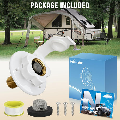 RV City Water Inlet with Check Valve 1/2 Inch NPT Male to 3/4 Inch GHT Female Brass City Water Fill Inlet Flange Connection Fittings for RV Camper Trailer Marine Hose Water Connector Replacement White