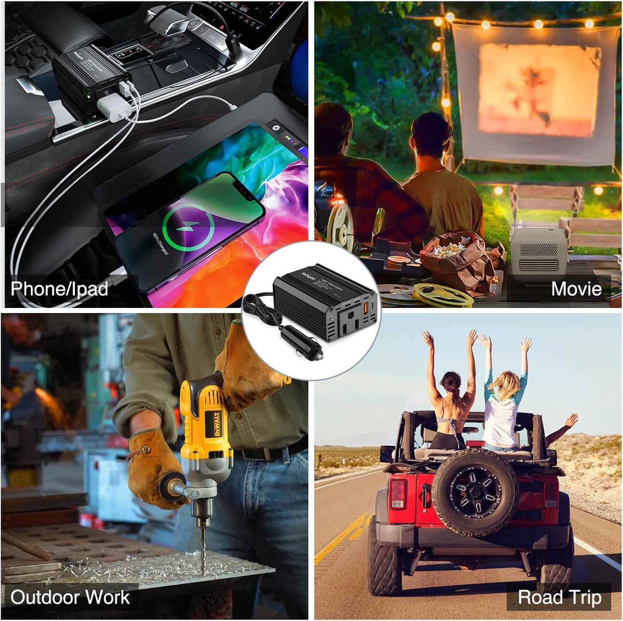150W Power Inverter 12V DC to 110V AC Car Converter with PD 30W USB C & QC3.0 for Phones Tablets Laptop Computer Game Console Kindle iPad DVD Players Black