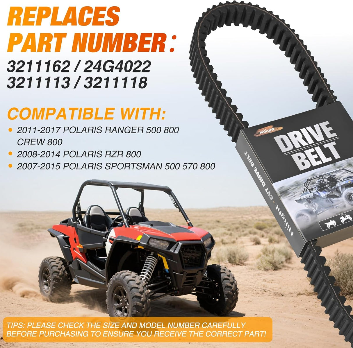 CVT Drive Belt 3211162 24G4022 Compatible with Polaris RZR 800 EPS Belts Ranger 500 800 Crew 800 2007-2015 Sportsman 500 570 800 Heavy Duty ATV UTV Belt Replace 3211113 3211118, 1 Pack