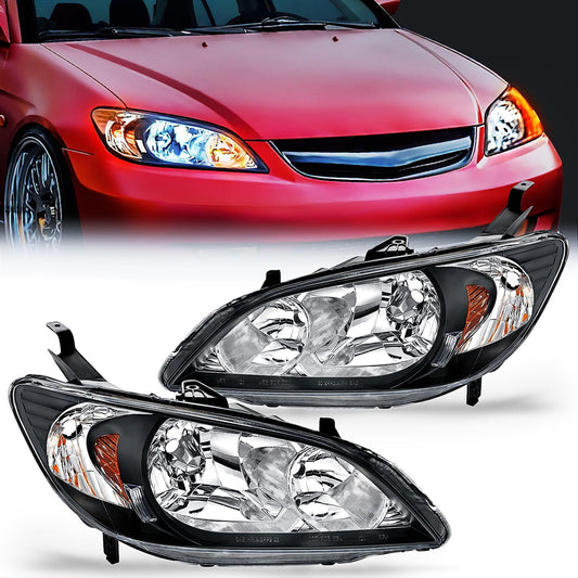 2004 2005 Honda Civic Headlight Assembly Black Housing Amber Reflector Upgraded Clear Lens Nilight