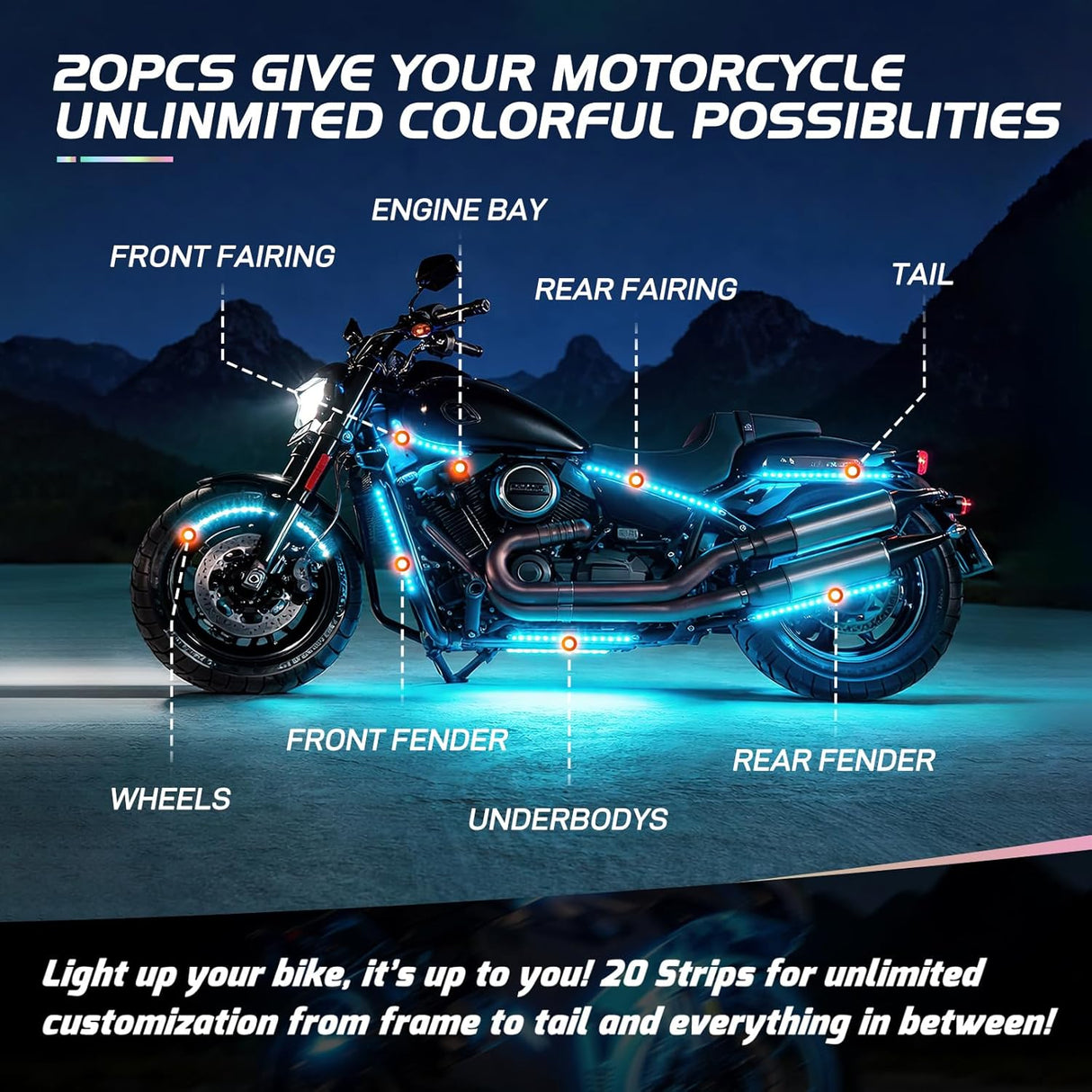 20PCS Motorcycle RGB LED Light Kit Waterproof Multi Color Atmosphere Neon Accent Lights Lamp APP and Remote Control Underbody Strips for Harley Davidson Honda Kawasaki Yamaha Suzuki