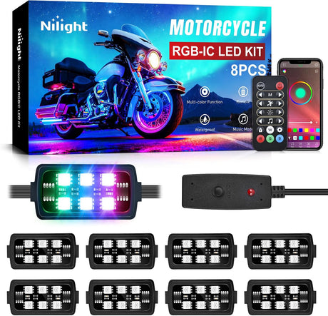 8PCS Motorcycle Dream Color LED Strip Lights Kit Waterproof Multicolor Atmosphere Neon Accent Lights Pods Lamp APP and Remote Control Underbody Strips for Harley Davidson Honda Kawasaki Suzuki