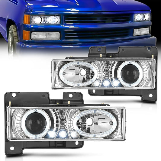 1988-1998 Chevy/GMC C10 C/K 1994-1999 Tahoe 1992-1994 Blazer 1992-1999 Yukon Suburban Headlight Assembly Chrome Housing Clear Lens Nilight