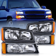 Headlight Assembly for 2003 2004 2005 2006 Chevy Silverado Avalanche 1500 1500HD 2500 2500HD 3500 Chevrolet Pickup Replacement Headlamp Black Housing Amber Reflector Bumper Lamp Set
