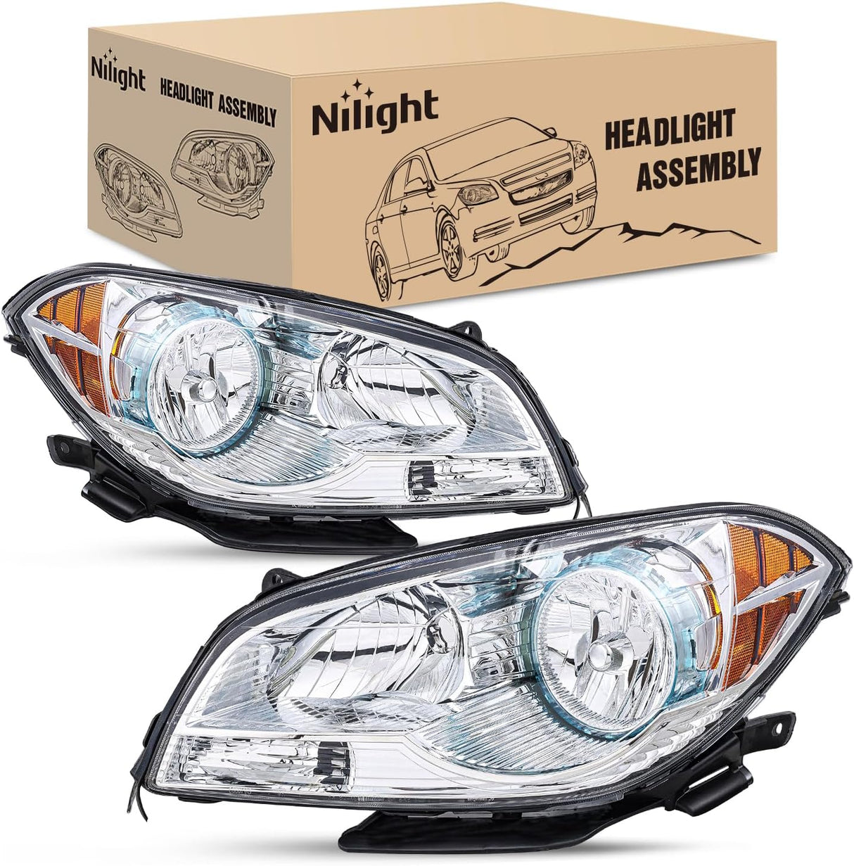 Headlight Assembly Compatible with 2008-2012 Chevy Malibu | 2008-2012 Chevy Malibu 4 Door Halogen Factory Headlamp Chrome Housing Amber Reflector Headlamp