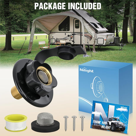 RV City Water Inlet with Check Valve 1/2 Inch NPT Male to 3/4 Inch GHT Female Brass City Water Fill Inlet Flange Connection Fittings for RV Camper Trailer Marine Hose Water Connector Replacement Black