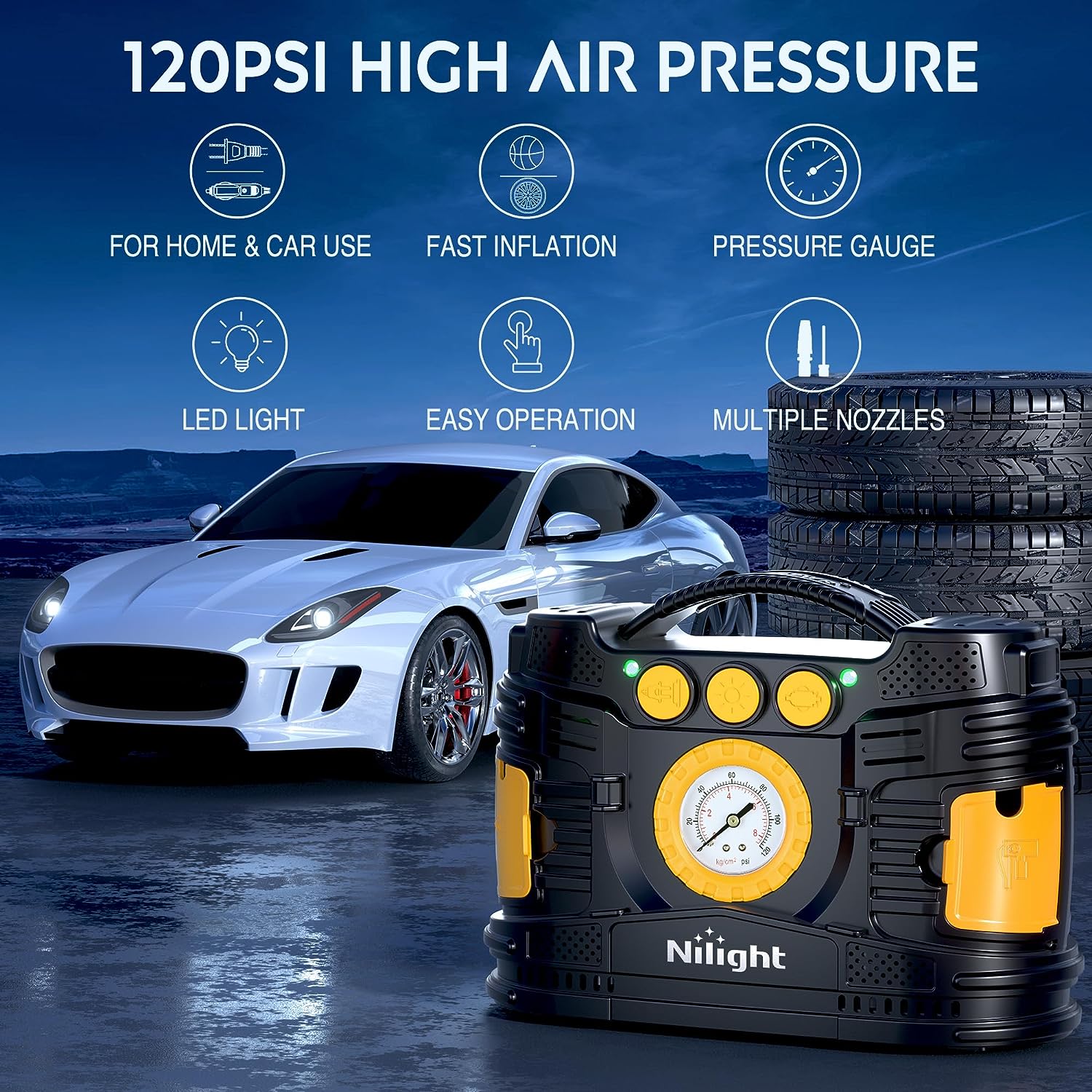 Tire Inflator Air Compressor AC/DC Dual Power Pressure Gauge Nilight