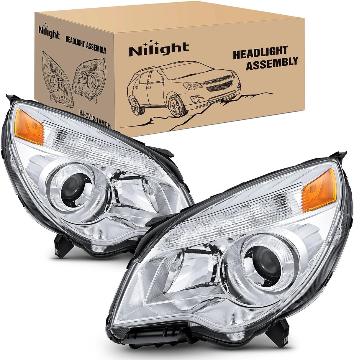 Headlight Assembly Compatible with 2010 2011 2012 2013 2014 2015 Chevy Chevrolet Equinox OE Style Projector Replacement Halogen Headlights Chrome Housing Amber Reflector Headlamp a pair
