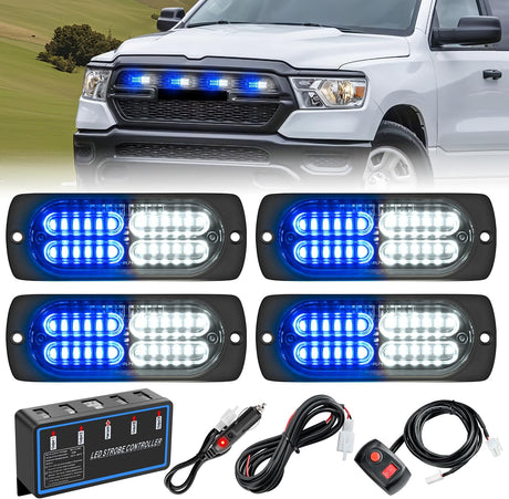 4PCS LED Strobe lights 12V 24V Sync Feature Blue White 24LED Emergency Hazard Warning Lights with Controller Hard Wire or Cigarette Lighter Plug for Car Truck RVs Campers