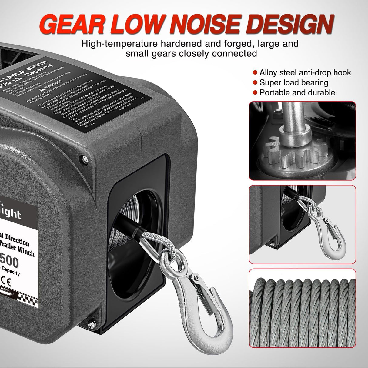 Boat Trailer Winch 3500 lbs Portable Electric Boat Winches 12 V DC Marine Winch with Steel Cable Remote Control & Hand Crank Power-in Freewheel Operat Waterproof Winch for Boat Trailer, Gray