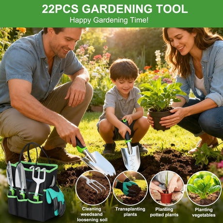 Gardening Tools 22-Piece Heavy Duty Garden Tool Set Gardening Supplies Gifts for Women Men Gardening Hand Tool Kit with Non-Slip Ergonomic Handle, Garden Bag, Gloves, 15 Plant Tags, Black Green