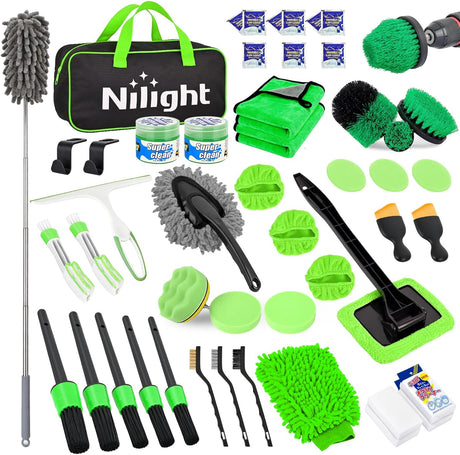 Automotive Tools 52PCS Car Detailing Kit Auto Cleaning Tools Wash Set with Storage Carry Bag Home Use for Interior Exterior Deep Clean Polish Car Care Windshield Dashboard Seat Air Vents Wheels Tires, Green