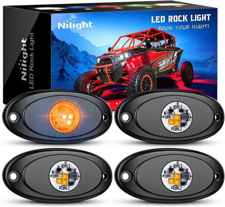 LED Rock Light 4PCS Amber Underglow Wheel Well Fender Pods Waterproof Exterior Underbody Roof Rack Side Lamps for 12V 24V Car Truck Pickups ATV UTV SUV Motorcycle Boat