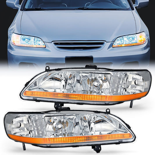 1998-2002 Honda Accord Headlight Assembly Chrome Case Amber Reflector Clear Lens Nilight