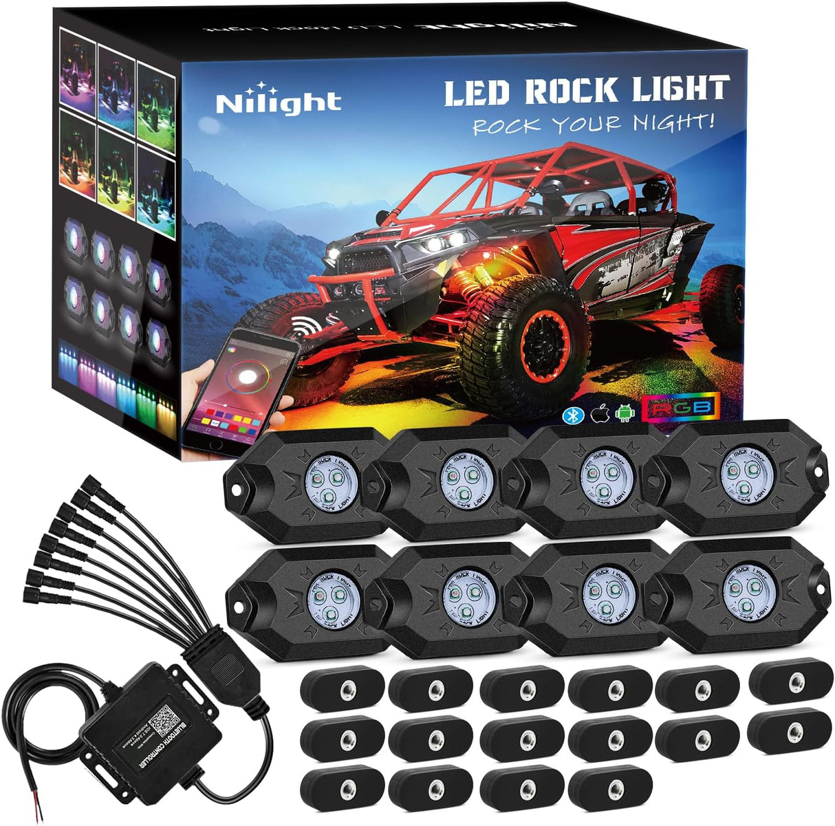 RGB LED Rock Lights Kit 8PCS Bluetooth App Control Multicolor | Magnetic Base Underglow Neon Light Pods IP68 Waterproof Flashing Music Mode for Truck ATV UTV RZR SUV
