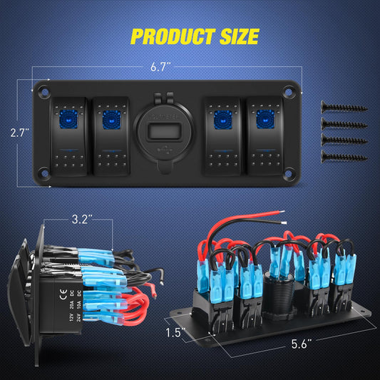 4Gang Aluminum 5Pin ON/Off Blue Rocker Switch Panel w/ PD Type C & QC 3.0 Dual USB Charger Voltmeter Nilight