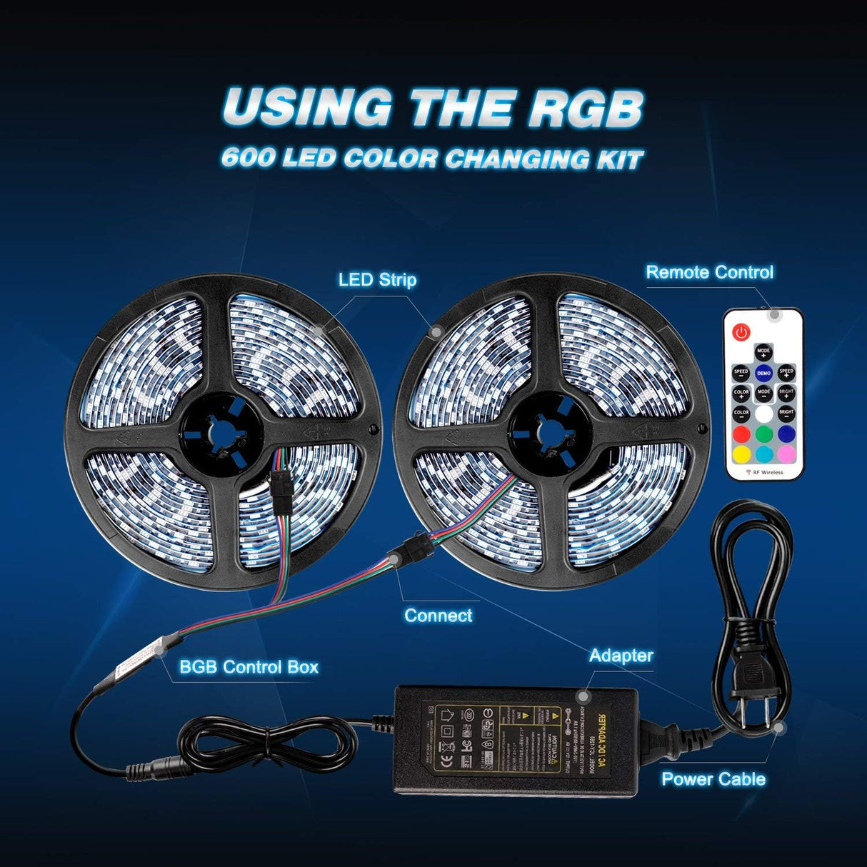 LED light strip 5050 32.8ft(10m) 600LEDs RGB Strip Lights LED Rope Light With Remote Controller DC 12V 2A Power Supply Adapter for Home & Kitchen, Christmas Decorative, 2 Years Warranty