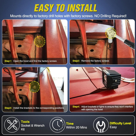 Ditch Light Brackets Hood Hinges Mount Bracket Kit for Auxiliary Offroad LED Pods Work Lighting Compatible with Toyota 4Runner 1989 1990 1991 1992 1993 1994 1995 3rd Gen Pickup