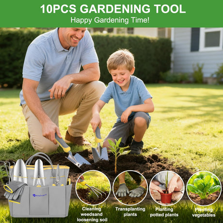 Gardening Tools 10-Piece Heavy Duty Garden Tool Set Gardening Supplies Gifts for Women Men Gardening Hand Tool Kit w Non-Slip Ergonomic Handle, Garden Bag, Durable Gloves, Pruning Shears, Gray
