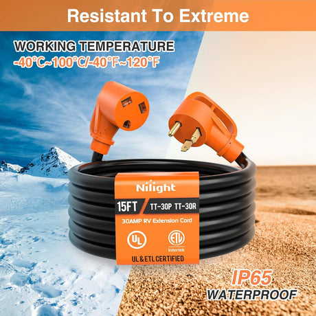 15FT 30 Amp RV Extension Cord with Adapter 15Amp to 30Amp 125V Heavy Duty 10/3 Gauge Pure Copper STW Wire UL ETL Listed 3 Prong TT-30P TT-30R Weatherproof Suit for Generators Campers