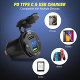 4 in 1 Charger Socket Panel PD Type C and QC 3.0 USB with LED Voltmeter Display and Cigarette Lighter Power Cutoff Switch for Cars Trucks UTV ATV