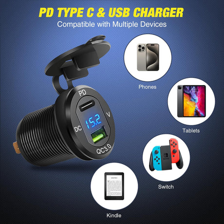 4 in 1 Charger Socket Panel PD Type C and QC 3.0 USB with LED Voltmeter Display and Cigarette Lighter Power Cutoff Switch for Cars Trucks UTV ATV