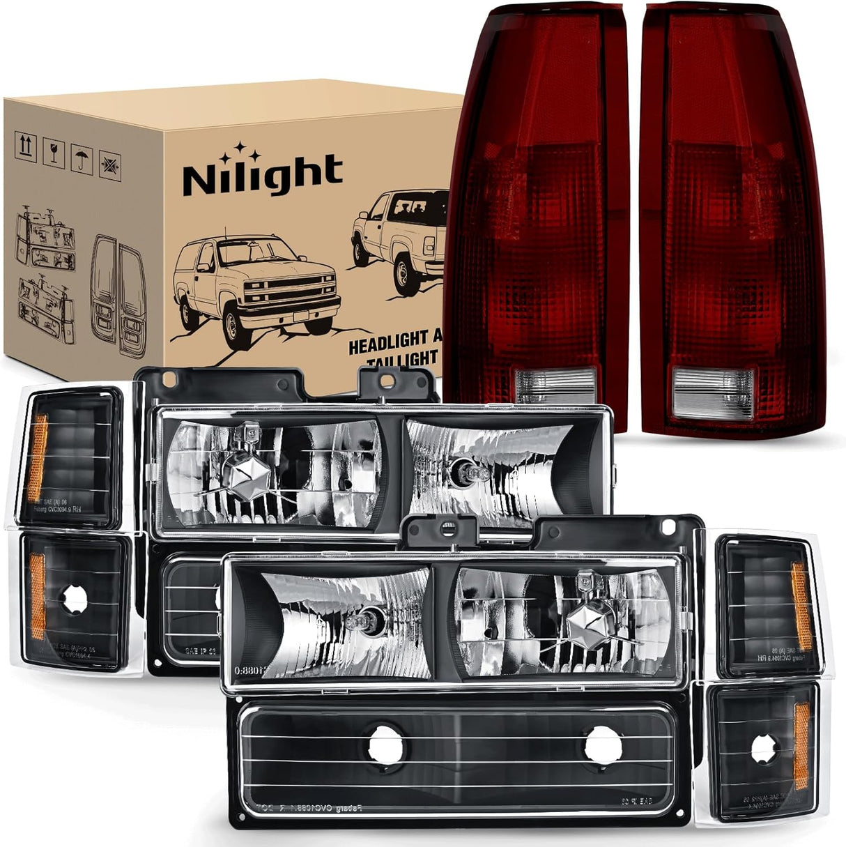 Headlight and Taillight Assembly Combo Compatible with 1994 1995 1996 1997 1998 Chevy Silverado Tahoe Suburban C10 C/K 1500 2500 3500 Tail Light Black Housing Amber Reflector Bumper Lamp