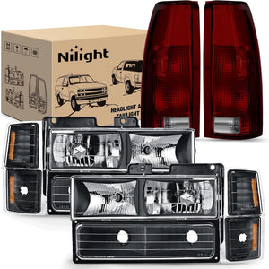 Headlight and Taillight Assembly Combo Compatible with 1994 1995 1996 1997 1998 Chevy Silverado Tahoe Suburban C10 C/K 1500 2500 3500 Tail Light Black Housing Amber Reflector Bumper Lamp