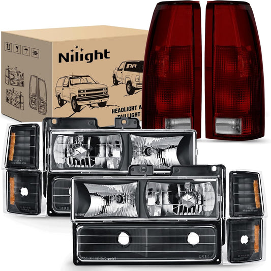 Headlight and Taillight Assembly Combo Compatible with 1994 1995 1996 1997 1998 Chevy Silverado Tahoe Suburban C10 C/K 1500 2500 3500 Tail Light Black Housing Amber Reflector Bumper Lamp