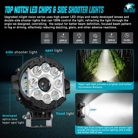 7 Inch LED Offroad Driving Lights High Low Beam 2 PCS 80W Round White Light Side Shooter Spot Flood Fog Light Pod w/ 16 AWG DT Connector Wiring Harness Kit for Jeep Truck ATV UTV SUV