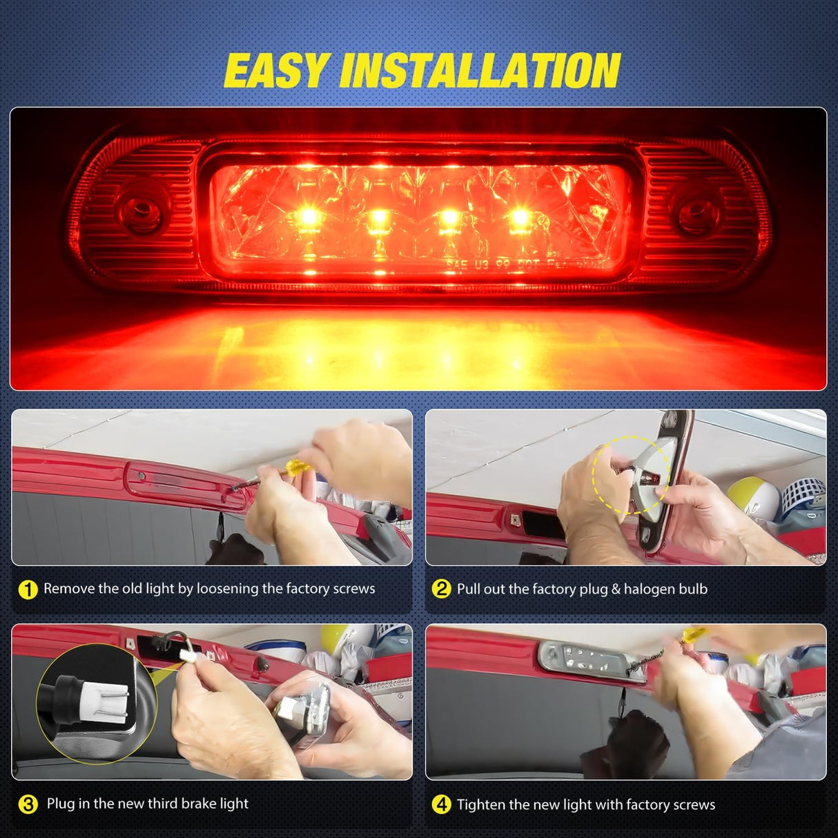 Third Brake Light for Jeep Cherokee 1999 2000 2001 2002 2003 2004 | for Jeep Cherokee 1999 2000 2001 2002 2003 2004, High Mount 3rd Stop LED Car Rear Cab Center Lamp Replacement, Smoked Lens
