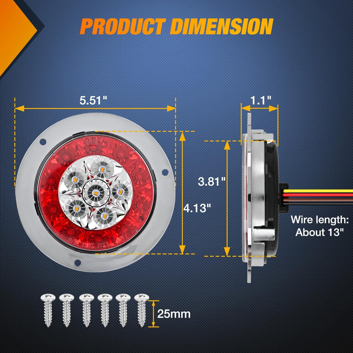 Trailer Tail Lights 2PCS 4Inch Round 16LED Red Amber Chrome | Frame Marker Clearance Stop Brake Turn Signal Running Taillights IP67 Waterproof for Trailer Truck Pickup Camper RV