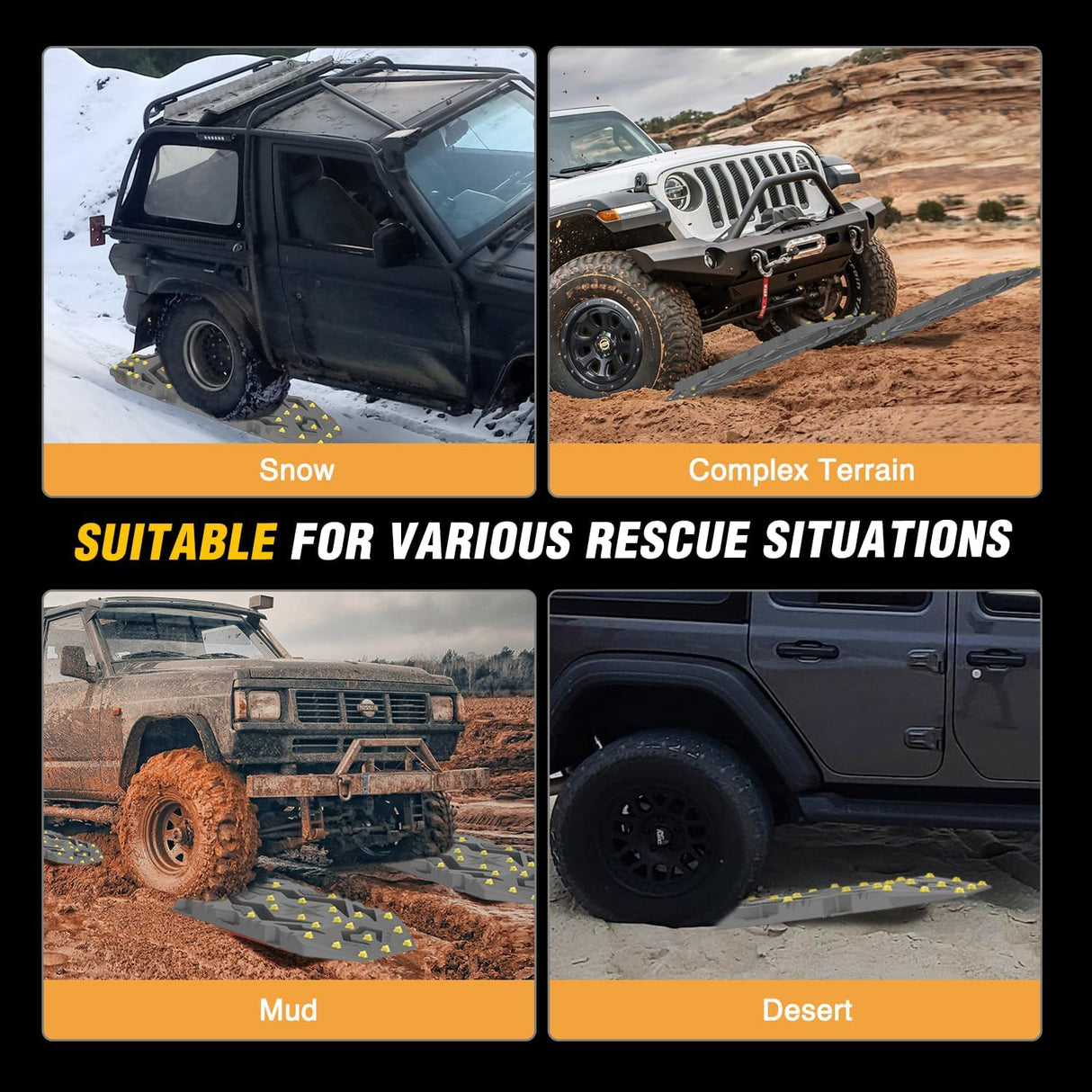 Recovery Off-Road Traction Boards 2Pcs 43 InchL x 13.3 InchW with Yellow Teeth for 4WD 4X4 Mud Sand Snow Includes 2PCS Mounting Kit & Carry Bag (Grey)