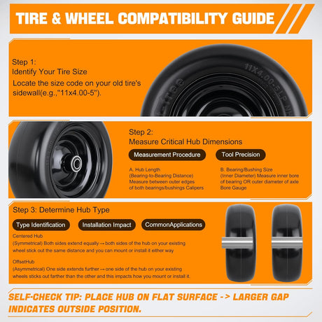 11x4.00-5 Solid Lawn Mower Tires, 11 Inch Flat-Free Polyurethane Tire with 3/4 Inch Axle Bore & 3.4 Inch Hub Length, Airless Replacement Wheels for Lawn Mowers, 2 Pack