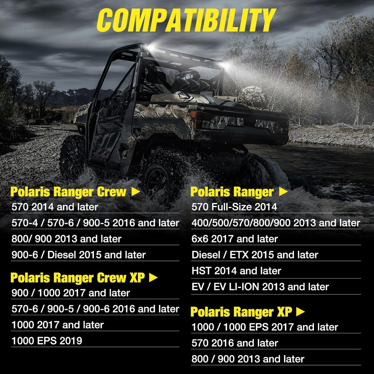 Light Bar 2PCS 3 Inch LED Pods Cubes UTV Rear Roof Mounting Brackets LED Backup Reverse Lighting 15FT Wiring Harness Kit 2 Leads for 2013-2024 Polaris Ranger Full Size 570 800 900 1000 XP Crew