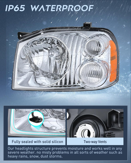 Headlight Assembly Compatible with 2001 2002 2003 2004 Nissan Frontier XE OE Style Replacement Halogen Headlights Chrome Housing Amber Reflector Clear Turn Light Headlamp Passenger and Driver