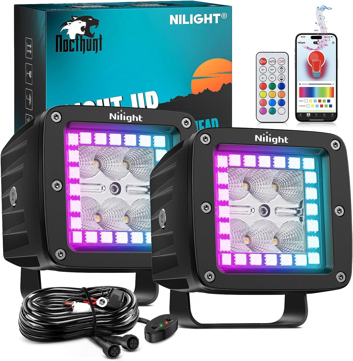 LED Pods 3 Inch 18W Cube Flood Offroad Work Light with RGB Halo Strip Multi Chasing Flash Strobe Mode APP & Remote Control IP67 Waterproof for Truck Pickup Golf Cart SUV ATV UTV 4x4 Van Camper