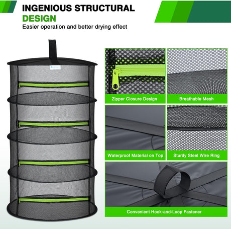 4 Layer Herb Drying Rack Hanging Mesh Net Foldable Plant Drying Racks 24 Inch w Green Zipper Pruning Shears Hook Dryer Hanging Rack for Herbs Seed Bud Fruit Clothes Grow Tent Closets Garden Outdoor